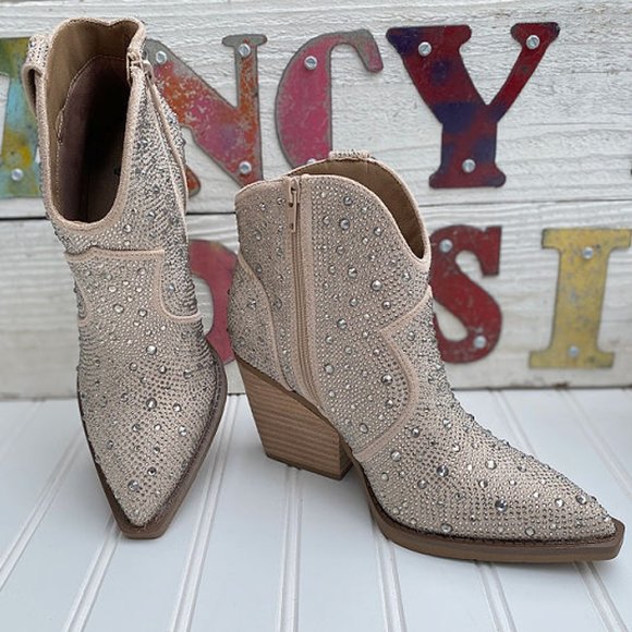 New Very G Austin Taupe Rhinestone Booties - Picture 2 of 4